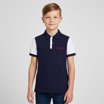 Boys Navy Blue & White Logo Polo Shirt, 1 Boys Navy Blue & White Logo Polo Shirt