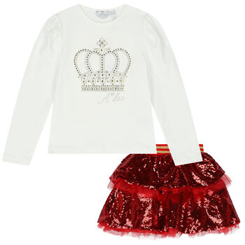 Girls White & Red Sequin Skirt Set