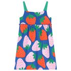 فستان صيفي بطبعة الفراولة باللون الأزرق للبنات, 1, hi-res