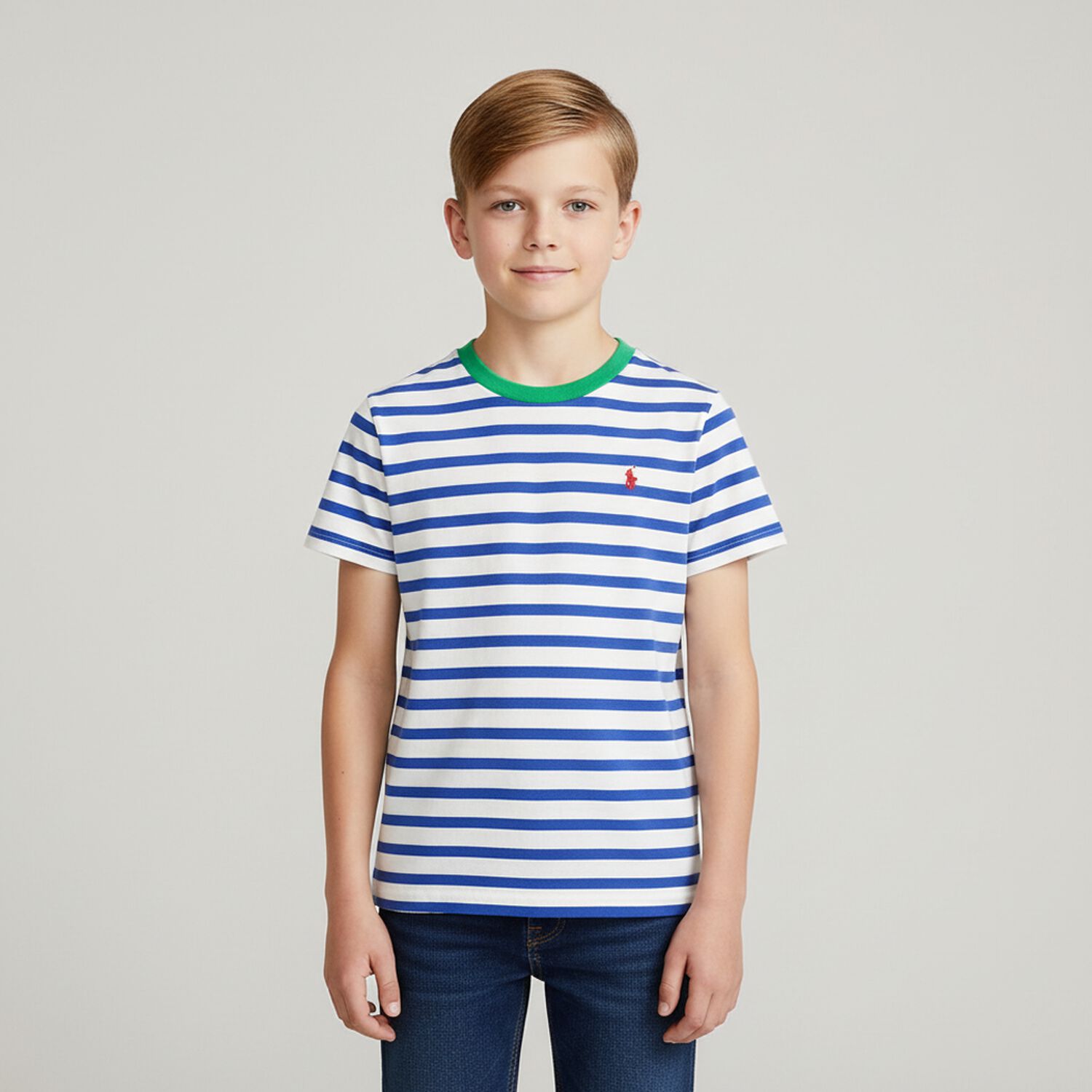 Boys White & Blue Striped Logo T-Shirt, 1, hi-res