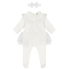 طقم ملابس بفيونكة باللون عاجي للبنات, 2, hi-res