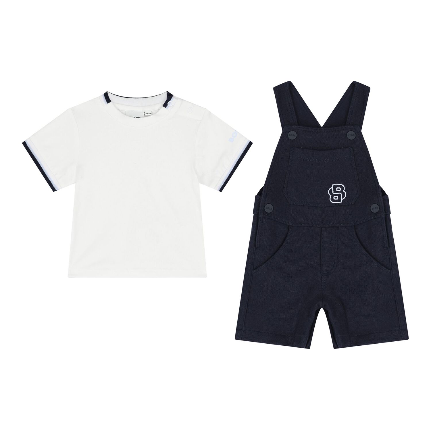 Baby Boys White & Navy Blue Logo Dungaree Set, 1, hi-res