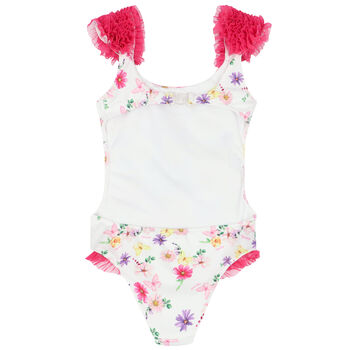 Girls White Floral & Bunny Swimsuit