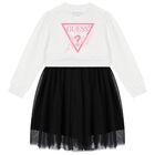 Girls White & Black Logo Tulle Dress, 1, hi-res