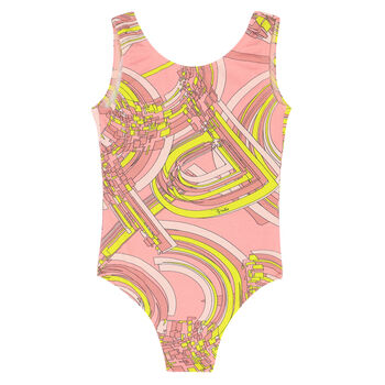 Girls Pink & Yellow Printed Swimsuit
