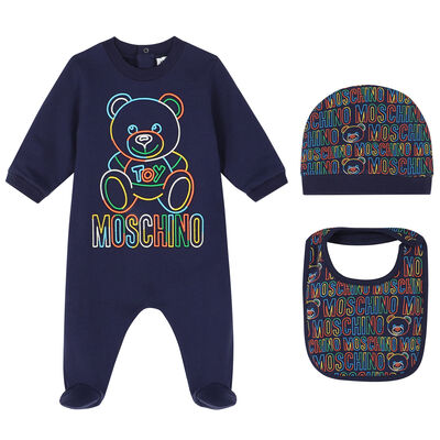 Navy Blue Teddy Logo Babygrow, Hat & Bib Gift Set