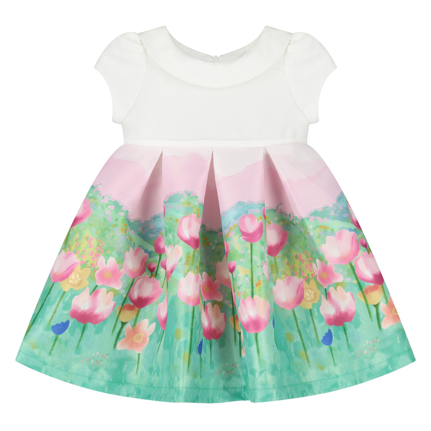 Younger Girls White, Pink & Green Floral Satin Dress, 1, hi-res