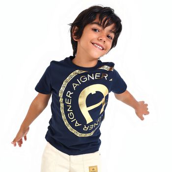 Boys Navy Blue & Gold Logo T-Shirt