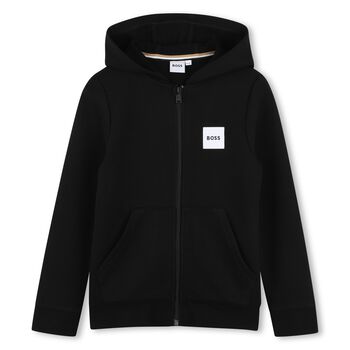Boys Black Logo Hooded Zip Up Top