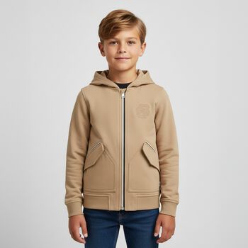 Boys Beige Logo Hooded Zip Up Top