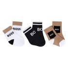 Baby Boys White, Black & Beige Logo Socks ( 3-Pack ) , 1, hi-res