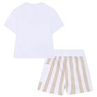 Baby Boys White & Beige Logo Shorts Set, 1, hi-res