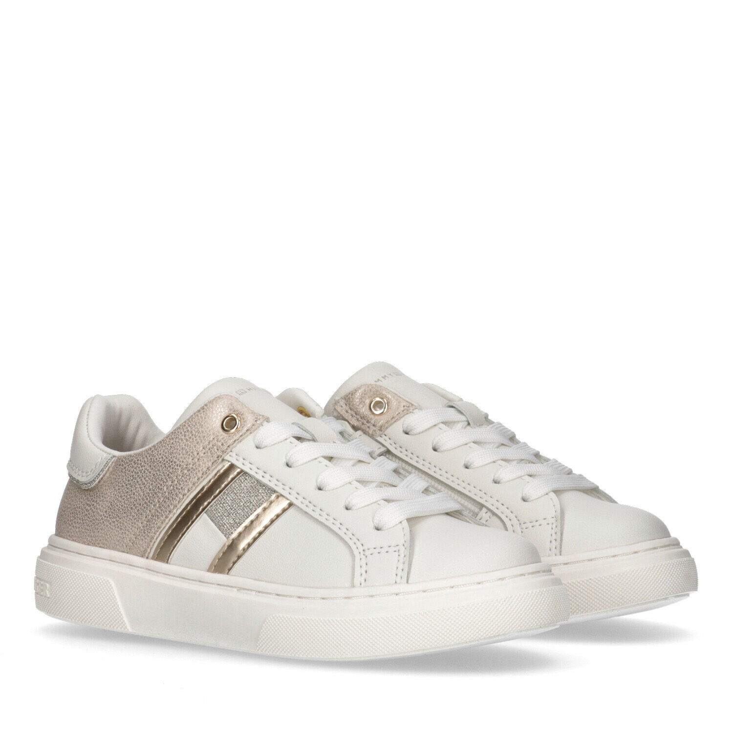 Girls White & Gold Logo Trainers, 1, hi-res