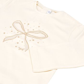 Younger Girls Ivory Bow Long Sleeve Top