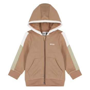 Younger Boys Beige Hooded Zip Up Top