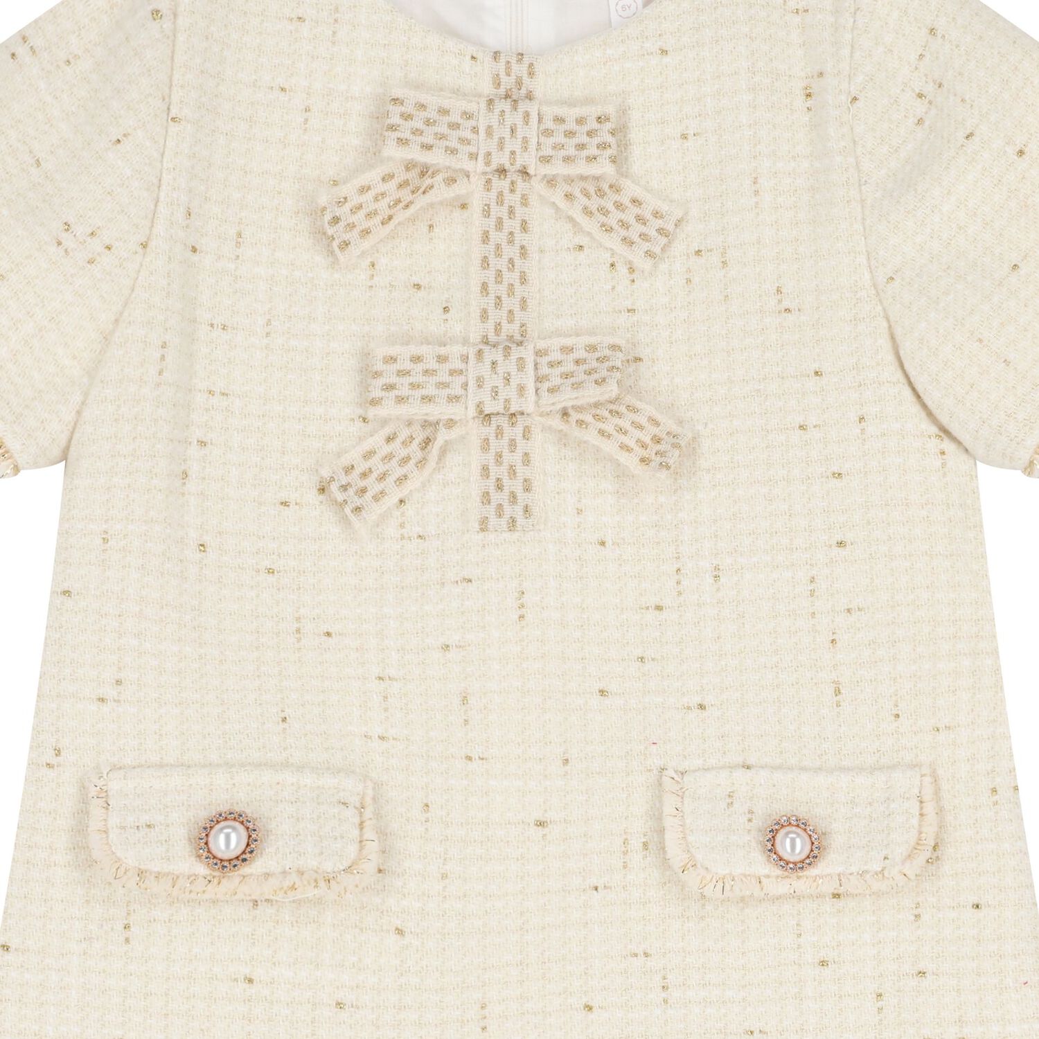 Girls Ivory & Gold Tweed Bow Dress, 1, hi-res
