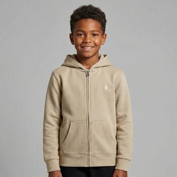 Boys Beige Logo Zip Up Hooded Top