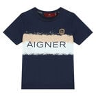 تيشيرت مخطط بالشعار باللون الكحلي للأولاد, 1, hi-res