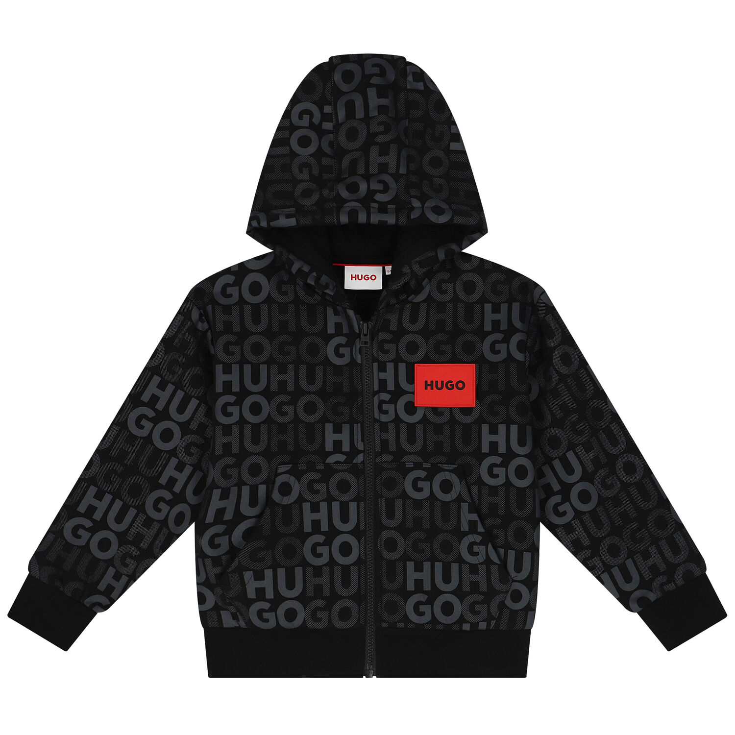 Boys Black Logo Hooded Zip Up Top, 1, hi-res