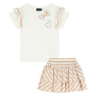 Girls White & Beige Striped Skirt Set, 1, hi-res