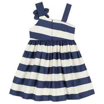 Girls Ivory & Navy Blue Striped Flower Dress