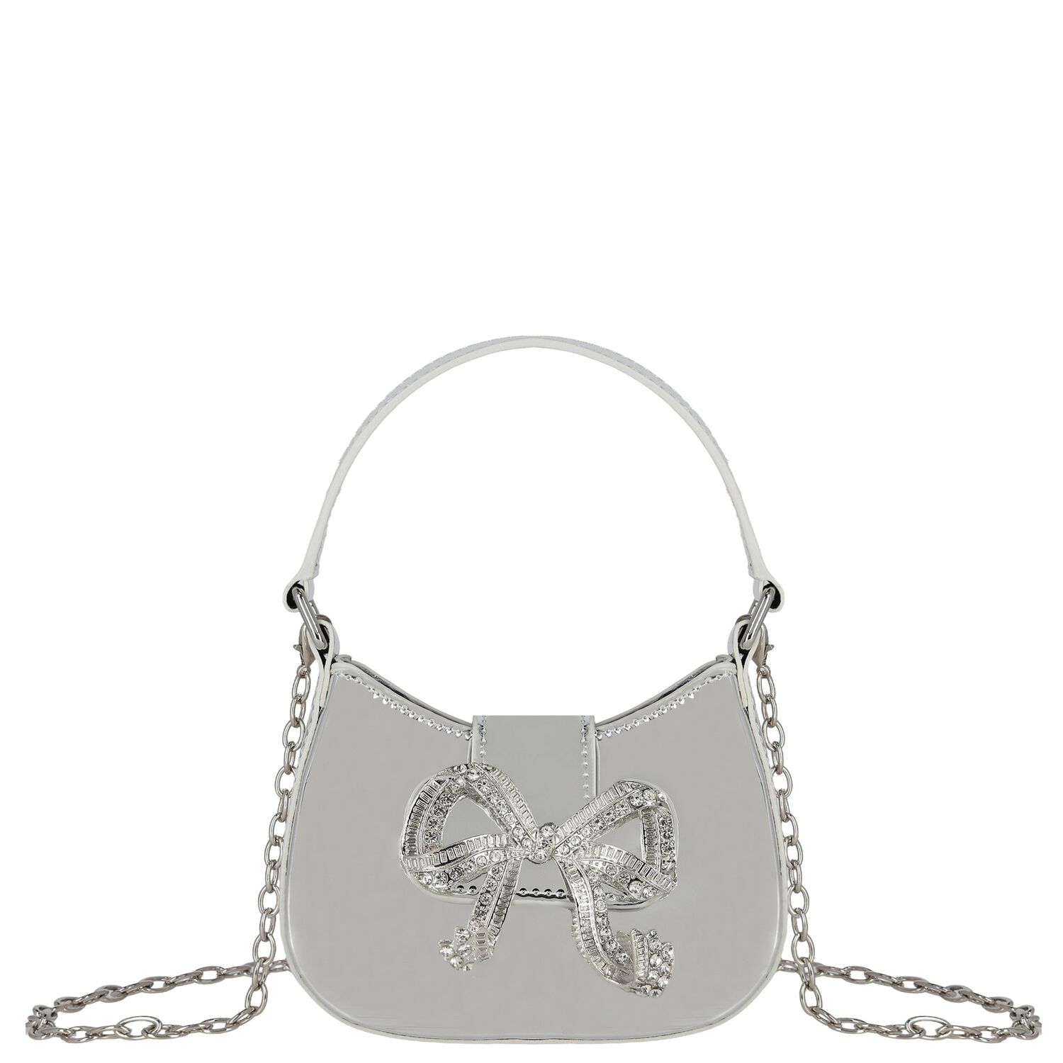 Girls Metallic Silver Diamante Bow Handbag ( 16CM ), 1, hi-res
