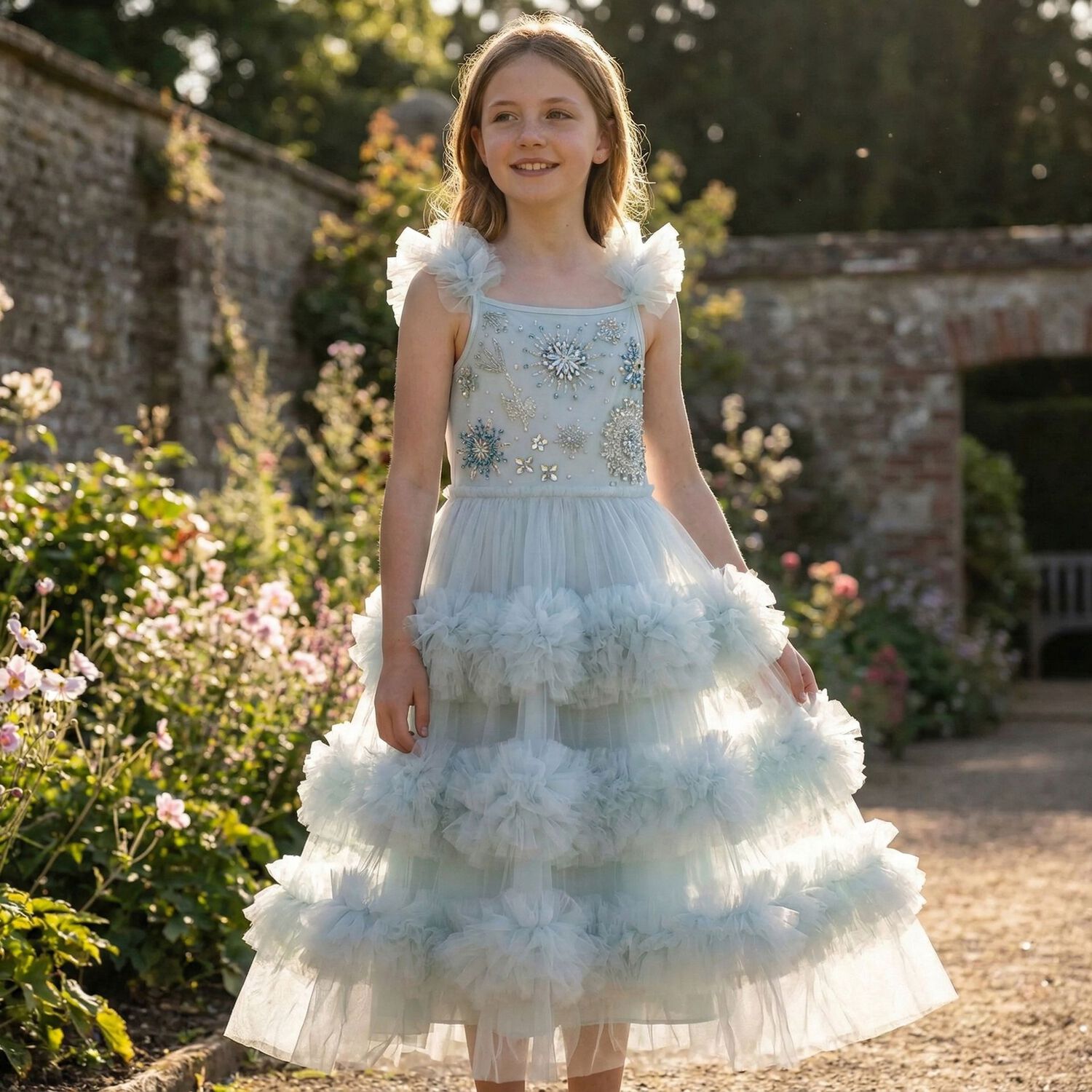 Girls Blue Diamante Tulle Dress, 1, hi-res