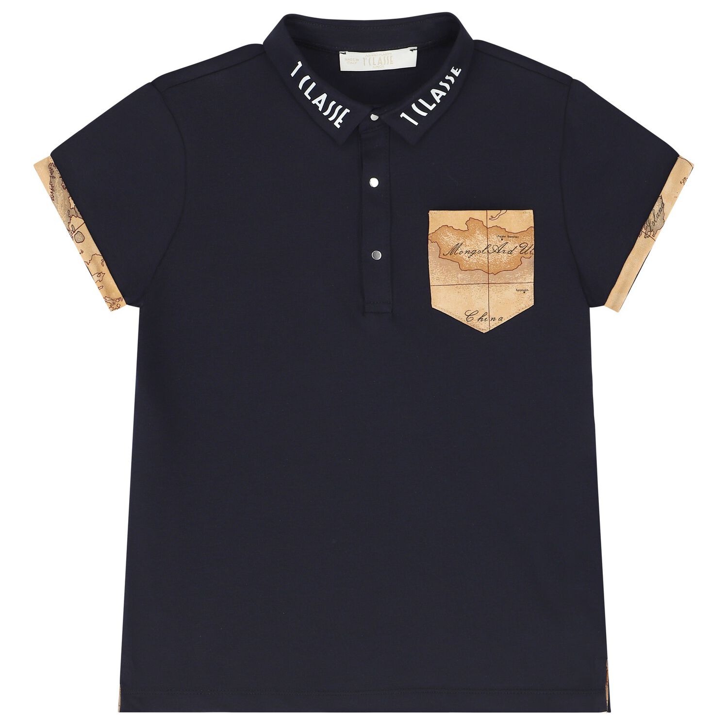 Boys Navy Blue Geo Map Polo Shirt, 1, hi-res image number null