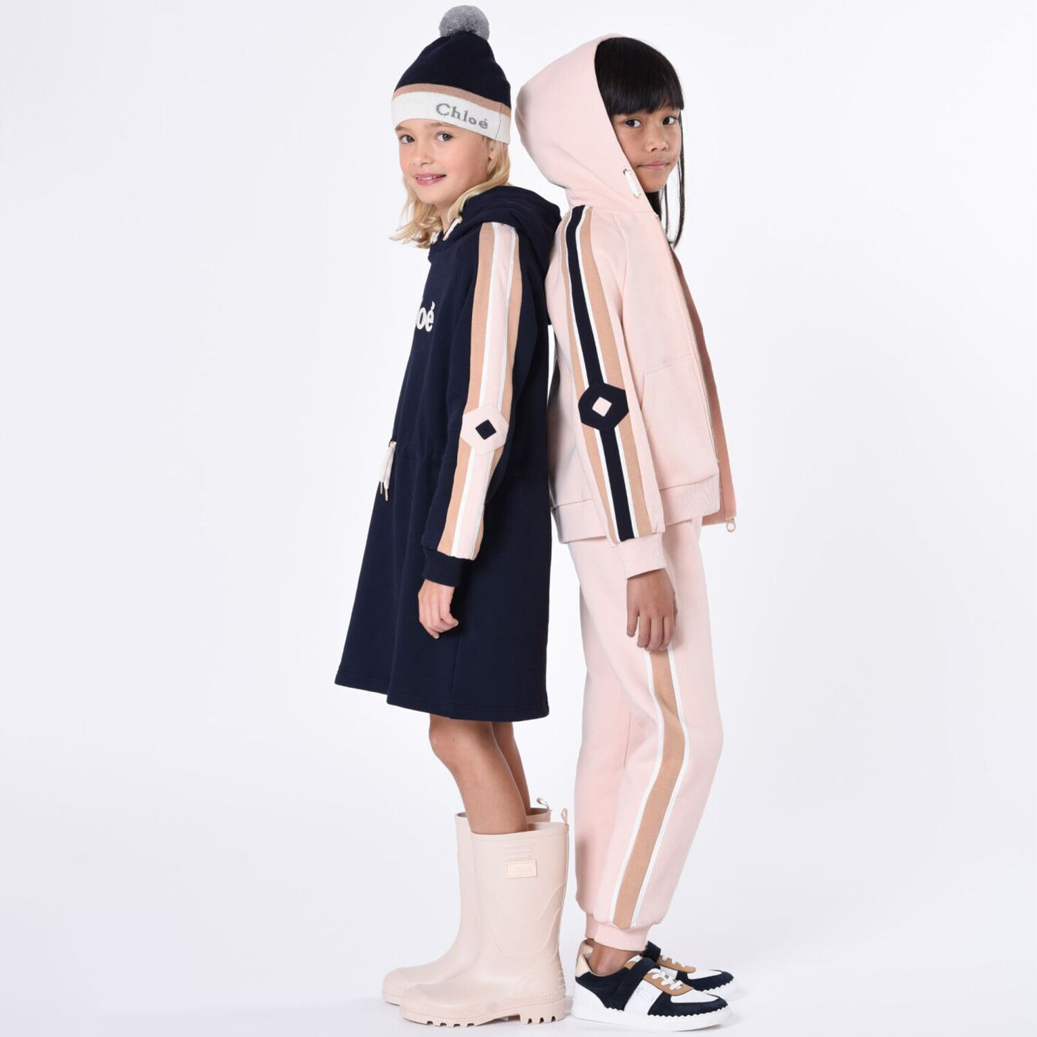 Girls Navy Blue Logo Hooded Dress, 1, hi-res