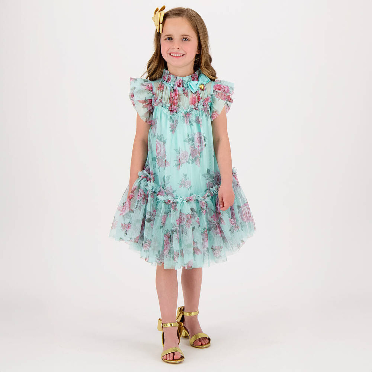 Girls Aqua Rose Tulle Dress, 1, hi-res image number null