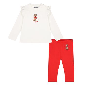 Younger Girls Ivory & Red Teddy Bear Leggings Set