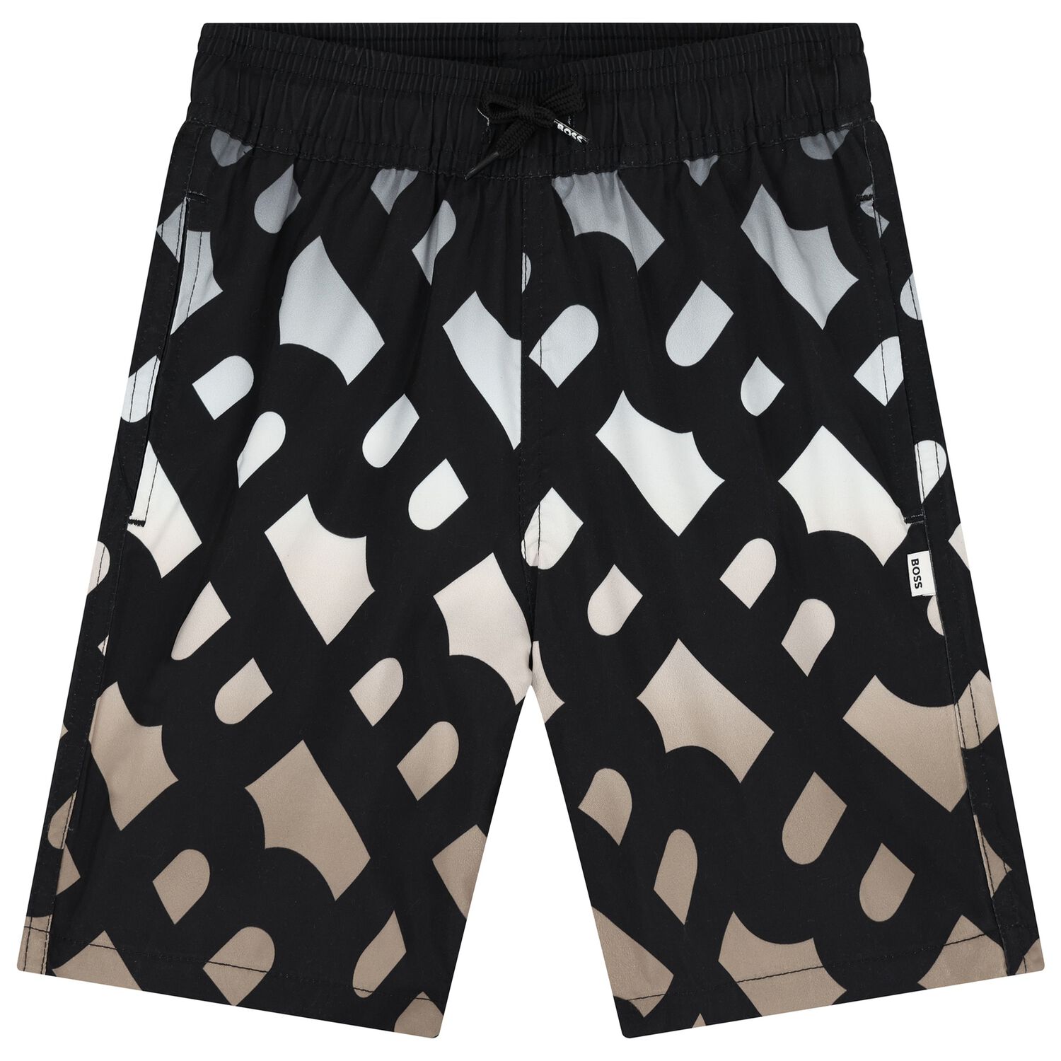 Boys Black, White & Beige Logo Swim Shorts, 1, hi-res
