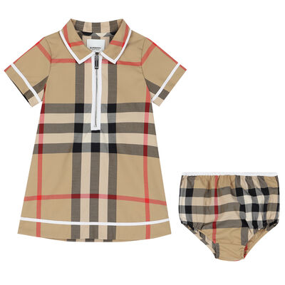 Baby Girls Beige Checkered Dress Set
