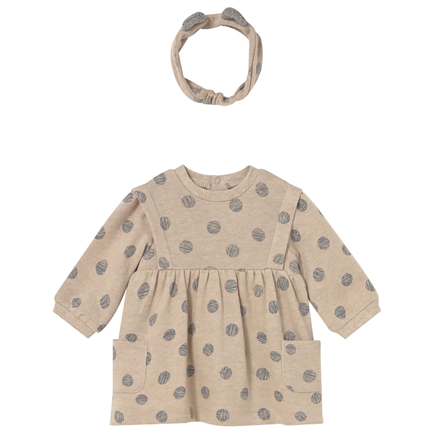 Baby Girls Beige Polka Dots Dress Set, 1, hi-res