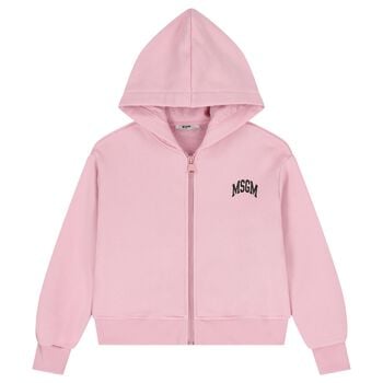Girls Pink Logo Fleece Hooded Zip Up Top