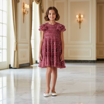 فستان بنات تول مزين بالترتر باللون الوردي