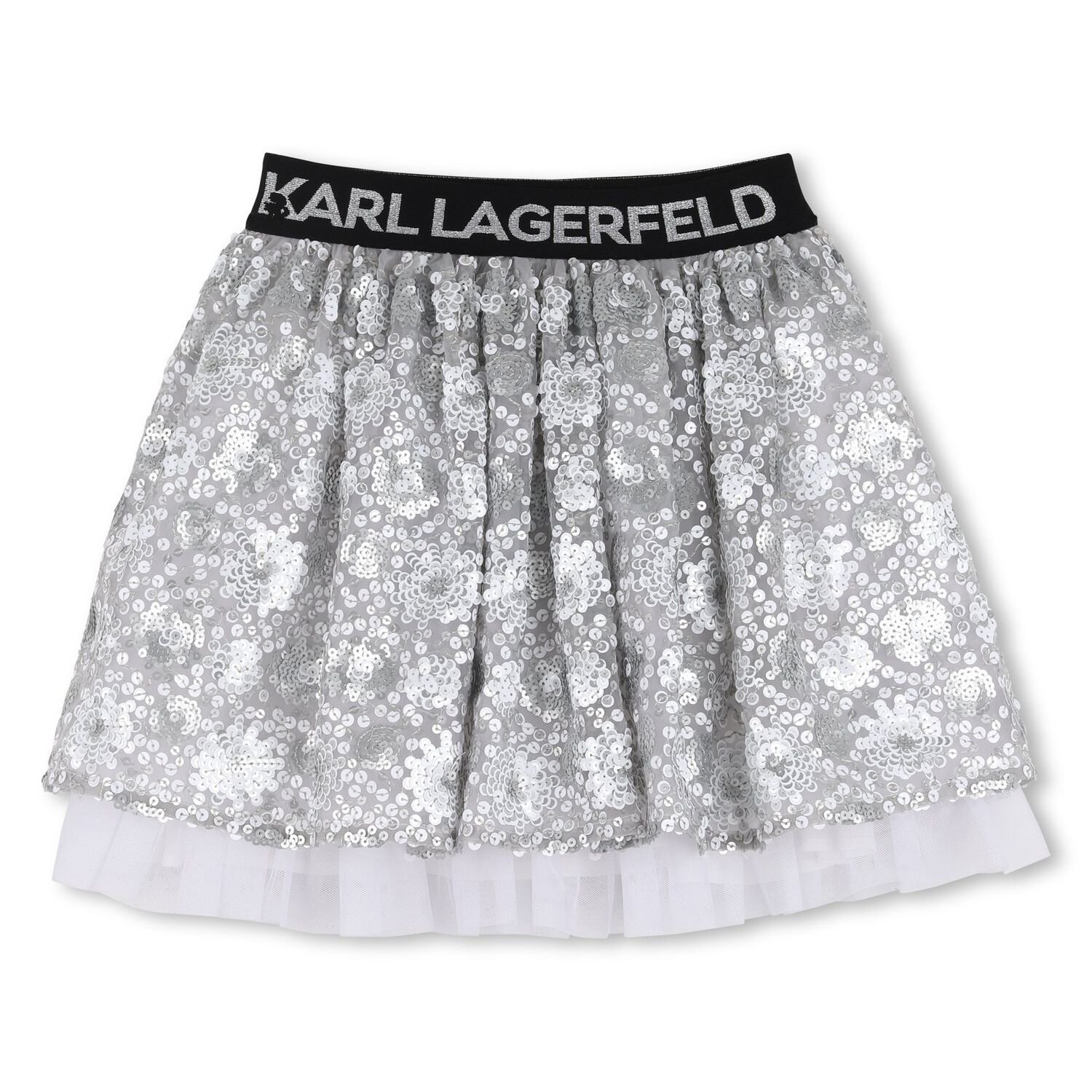 Girls Silver Sequinned Skirt, 1, hi-res