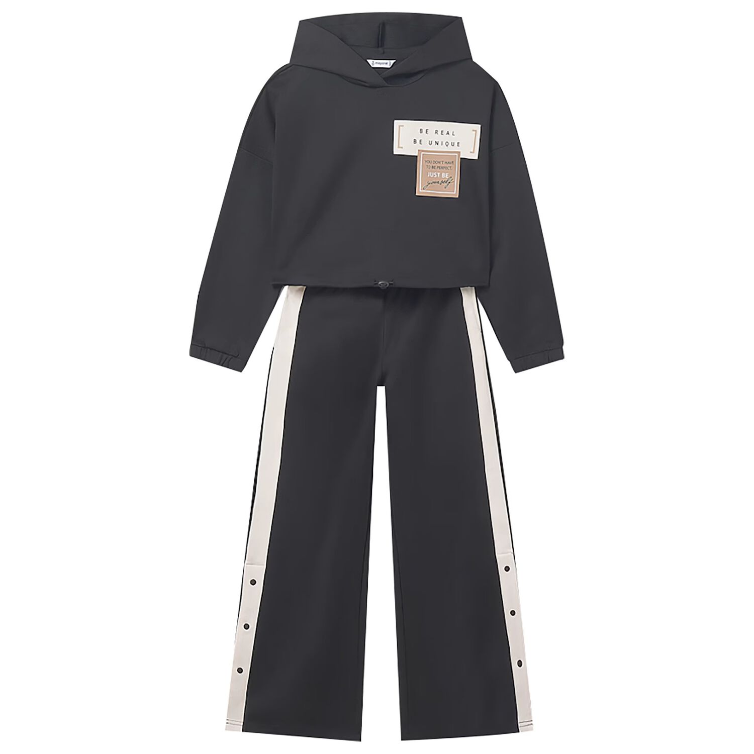 بدلة رياضية سوداء بقلنسوة للبنات, 1, hi-res