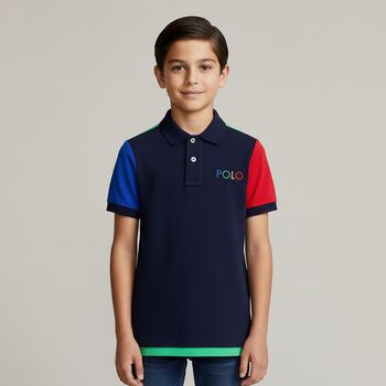Boys Navy Blue & Green Logo Polo Shirt