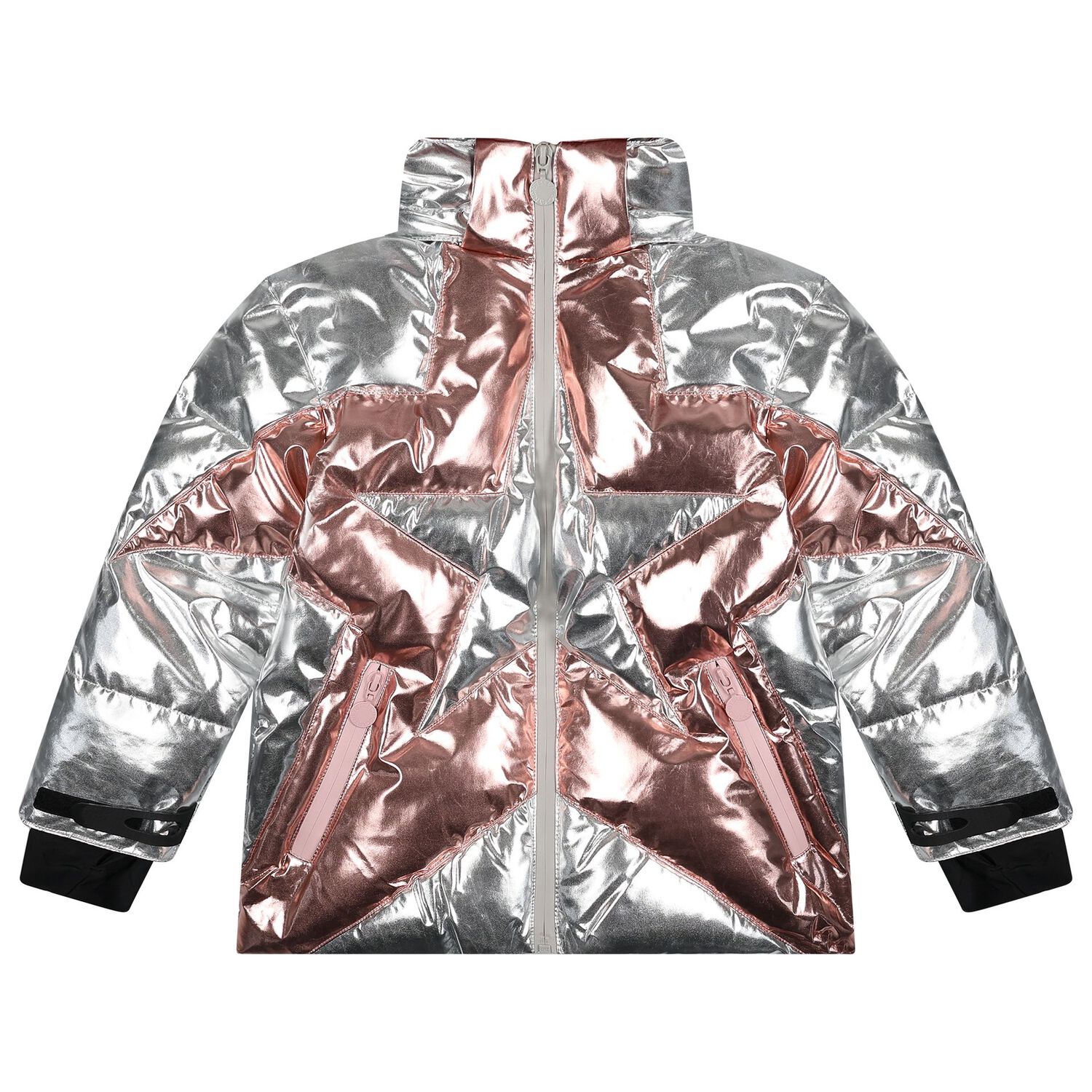 Girls Silver Metallic Star Puffer Jacket, 1, hi-res