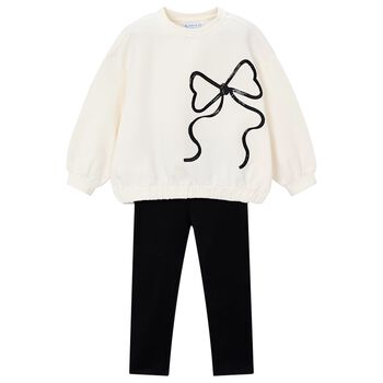 Girls Ivory & Black Bow Leggings Set