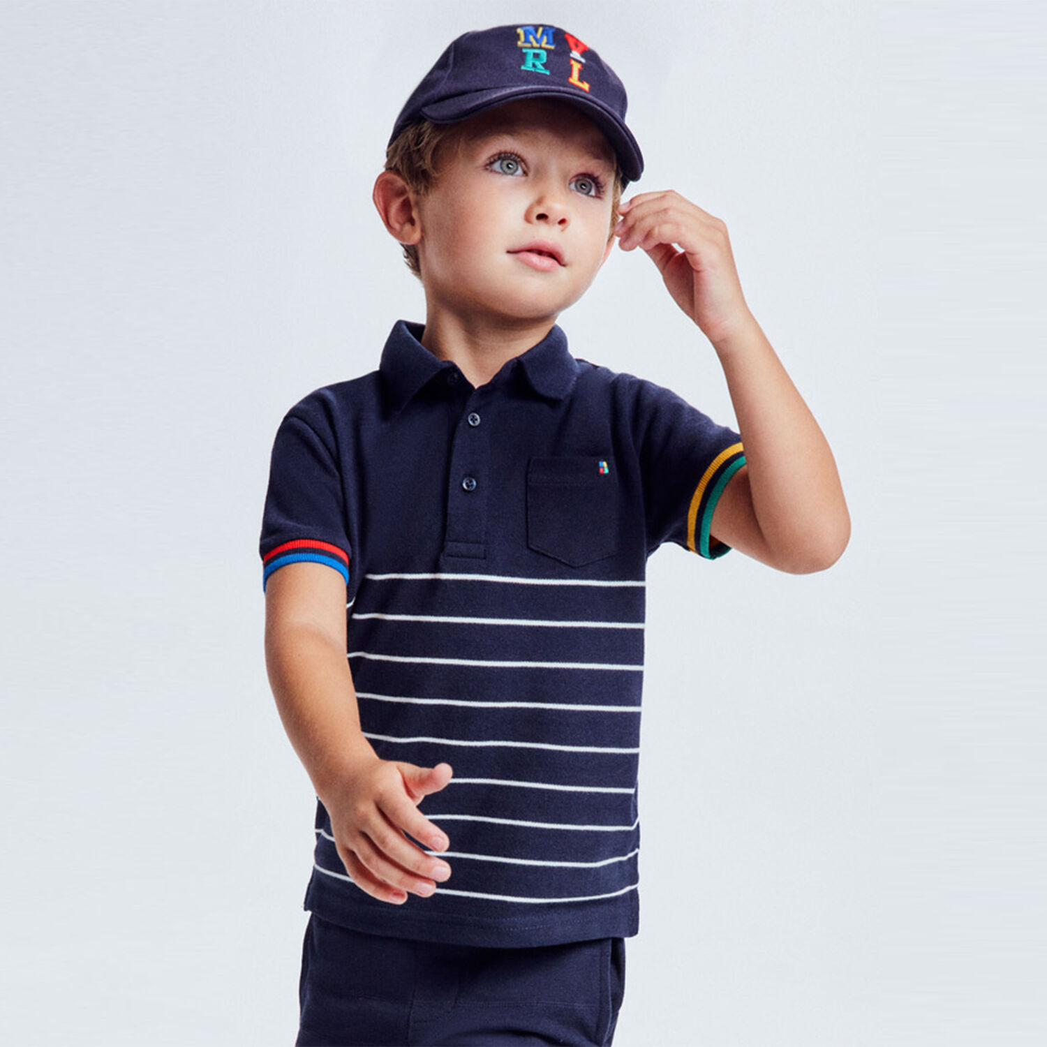 Boys Navy Striped Polo Shirt, 1, hi-res image number null