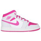 Girls White, Grey & Pink Air Jordan 1 Mid Trainers, 1, hi-res