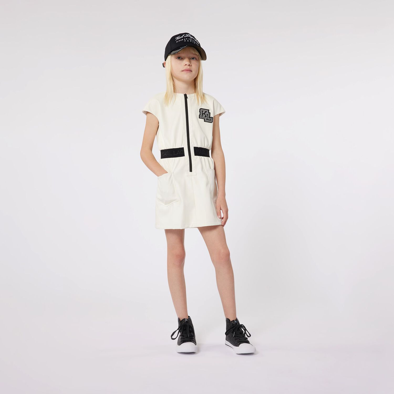 Girls Ivory Rhinestone Logo Dress, 1, hi-res