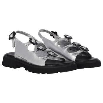 Girls Silver Logo Floral Sandals