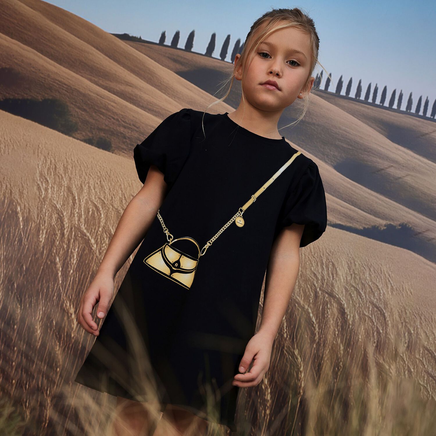 Girls Black Bag Logo Dress, 1, hi-res