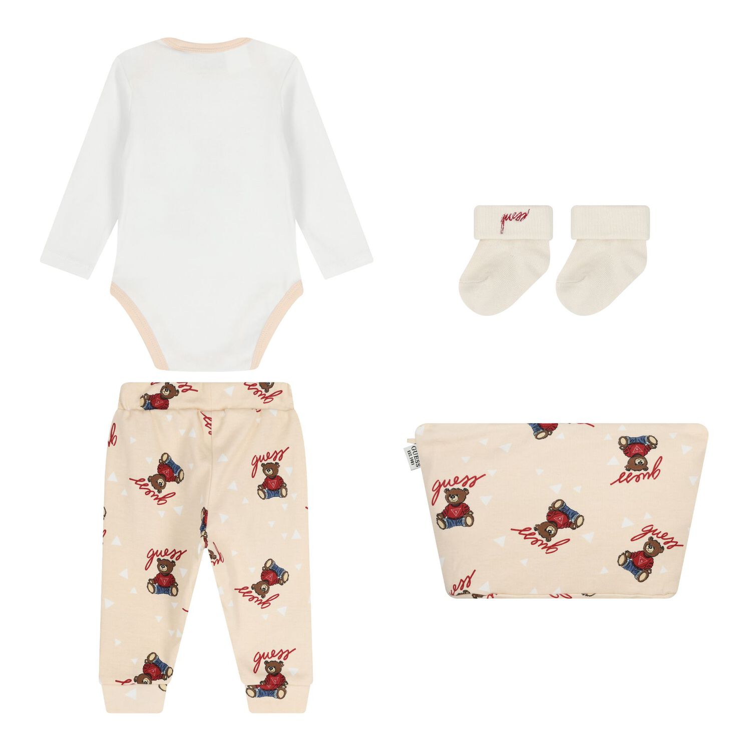 طقم ملابس أطفال بشعار دب تيدي باللونين بيج وأبيض, 4, hi-res