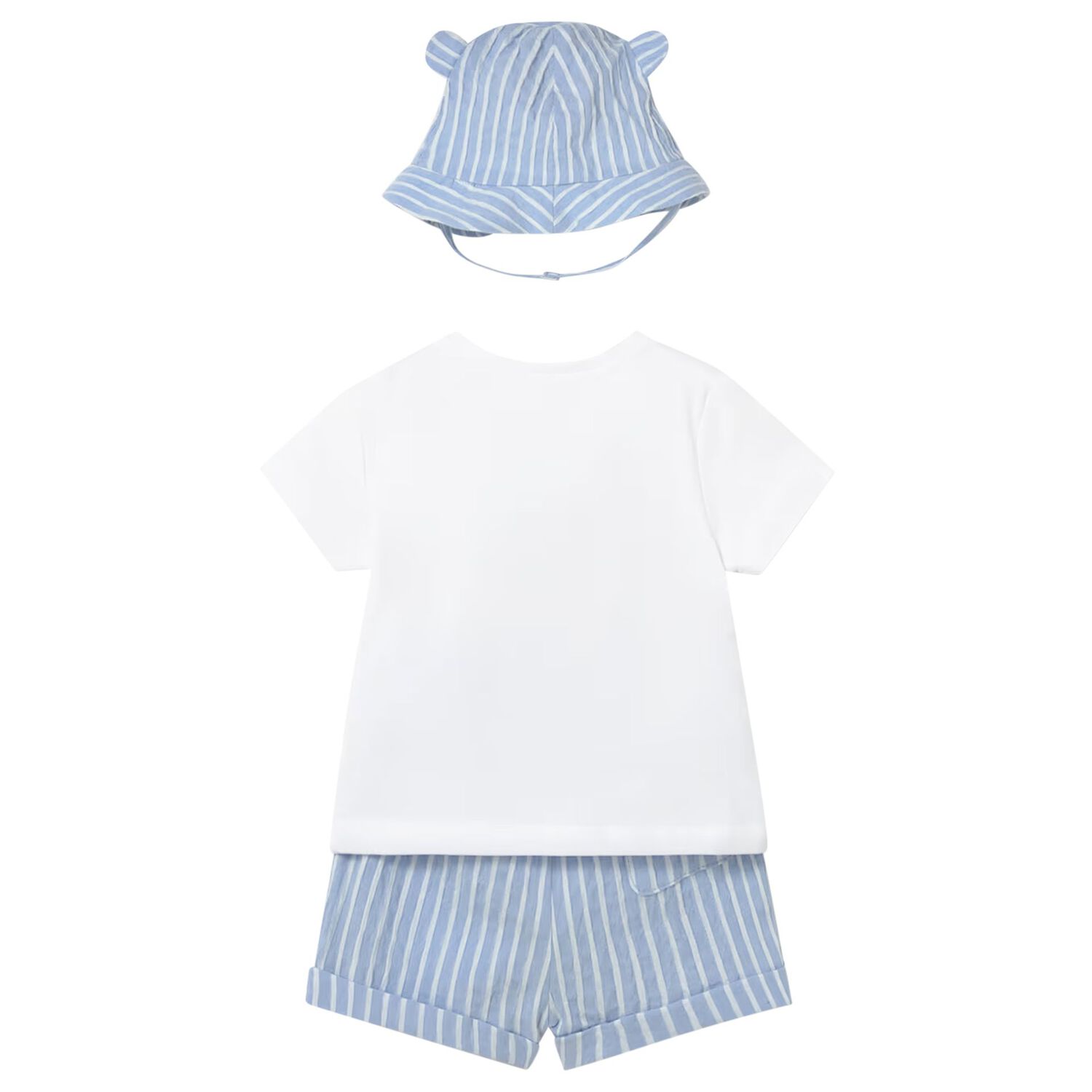 Baby Boys White & Blue  Striped Shorts & Hat Set , 1, hi-res