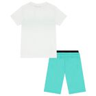 Boys White & Aqua Logo Shorts Set, 2, hi-res