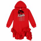 Girls Red Embellished Hooded Dress, 1, hi-res